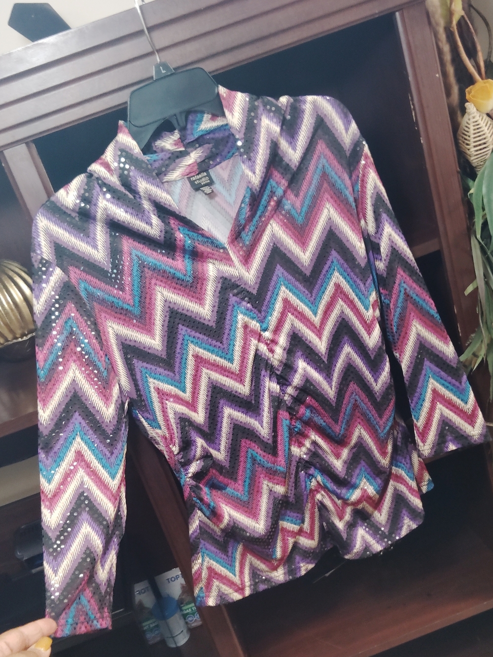 Rafaella Chevron Button-Down Shirt - Purple, Teal, Pink, Cream, Black
